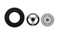 Car and Auto Spare Parts with Tyre Ring and Chromed Wheel Rim Vector Set