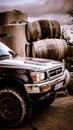 Car on the background of barrels of wine in Cyprus