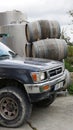 Car on the background of barrels of wine in Cyprus