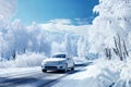 a car on the background of a winter snow covered road, beautiful landscape, winter forest, concept of travel and traffic Royalty Free Stock Photo