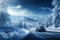 a car on the background of a winter snow covered road, beautiful landscape, winter forest and mountains, concept of travel Royalty Free Stock Photo