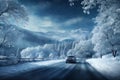 a car on the background of a winter snow covered road, beautiful landscape, winter forest and mountains, concept of travel Royalty Free Stock Photo