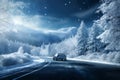 a car on the background of a winter snow covered road, beautiful landscape, winter forest and mountains, concept of travel Royalty Free Stock Photo