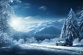 a car on the background of a winter snow covered road, beautiful landscape, winter forest and mountains, concept of travel Royalty Free Stock Photo