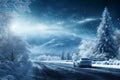 a car on the background of a winter snow covered road, beautiful landscape, winter forest and mountains, concept of travel Royalty Free Stock Photo