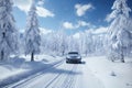 a car on the background of a winter snow covered road, beautiful landscape, winter forest, concept of travel and traffic Royalty Free Stock Photo