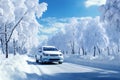 a car on the background of a winter snow covered road, beautiful landscape, winter forest, concept of travel and traffic Royalty Free Stock Photo