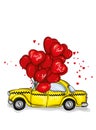Car with balloons in the shape of hearts. Taxi. Vector illustration for greeting card or poster. Love, friendship, Valentine`s Day
