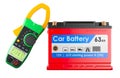 Car Battery with Digital Clamp Meter Multimeter, 3D rendering Royalty Free Stock Photo