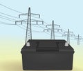 Car battery in front of transmission towers