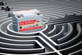 Car battery inside labyrinth maze. 3D rendering