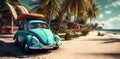 car beach vintage travel retro road vacation summer trip tropical. Generative AI. Royalty Free Stock Photo