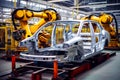 Car being assembled in factory with robot working on the car. Generative AI