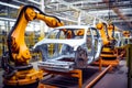 Car being assembled in factory with robot working on the car. Generative AI