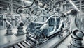 A car is being built in a factory with robots working on it