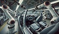 A car is being built in a factory with robots working on it