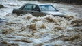 A car being swept away by a raging river highlighting the dangers of flash floods caused by climate change Royalty Free Stock Photo