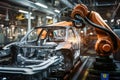 A car being worked on in a factory by robotic hands. Automated automobile factory line