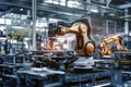 A car being worked on in a factory by robotic hands. Automated automobile factory line