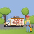 Car with big mouse, control of pests, working character male, toxic, poison vector illustration. Background of city park