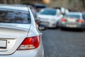 car in big traffic jam. Back view. Blurred background Royalty Free Stock Photo