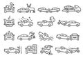 Car, bike, vehicle accident outline icons set isolated on white. Crash into tree, wall, animal on road.