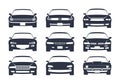 Car black silhouette. Cars front view icon set, vehicle monochrome mockup, regular sedan auto for family, race or Royalty Free Stock Photo