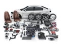 Car body disassembled and many vehicles parts Royalty Free Stock Photo