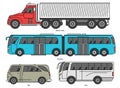 Car body style. Outline Public transport and Passenger Coupe. City bus, color heavy truck, cartoon Van. Three and five