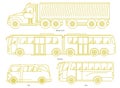 Car body style. Outline Public transport and Passenger Coupe. City bus, heavy truck, Van. Three and five-door auto. Set