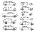 Car body style. Passenger Coupe. Outline Pickup, doodle Sedan Hatchback and Convertible SUV Minivan MPV. Three and five