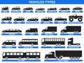 Types of car bodies: sedans, crossovers, SUVs, minivans. Collection of vector vehicles. Small and heavy trucks. Minibuses and city Royalty Free Stock Photo