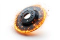 Car brake disc rotor is getting hot surrounded by fire and smoke particles on white background Royalty Free Stock Photo