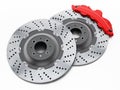 Car brake discs and red calipers isolated on white background. 3D illustration Royalty Free Stock Photo