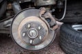 Car brake disk with removed wheel, inspection or tyre changing before winter season