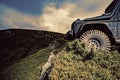 Car brakes with absorbers. Car tire. Tire for offroad. Truck car wheel on offroad steppe adventure trail. Wheel close up Royalty Free Stock Photo