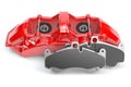 Car brakes. Red caliper and pads. Dsk braking system parts