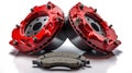Car brakes. Red caliper and pads. Dsk braking system parts. gene Royalty Free Stock Photo