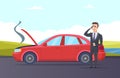Car breakdown. Road assistance cartoon illustration. Vector businessman need car repair service Royalty Free Stock Photo