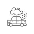 Car broke down, automobile smoking under hood, accident line icon.