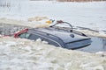 January 21, 2021, Baltezers, Latvia: The work of the rescue service to retrieve the car from the water. The car broke into the ice