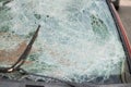 Car broken glass front window windshield accident detail vandalism shatter abandoned Royalty Free Stock Photo