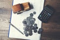 Car with calculator and money on wood table Royalty Free Stock Photo