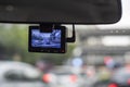 Car camera recording a traffic jam in front of a car as a normal occasion in a big city during a rush hour. Royalty Free Stock Photo