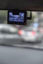 Car camera recording a traffic jam in front of a car as a normal occasion in a big city during a rush hour. Royalty Free Stock Photo