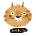 Awesome. cartoon cat, hand drawing lettering. colorful flat style illustration for kids.