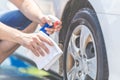 Car care, wheel rim cleaning and polishing Royalty Free Stock Photo