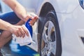 Car care, wheel rim cleaning and polishing Royalty Free Stock Photo