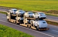 Car carrier trailer transports cars on highway on sunset background. Auto transport and car shipping services concept. Truck with