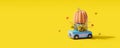 Car carrying big pumpkin with sunflowers, wheat and corn. Autumn season concept on yellow background 3D Render